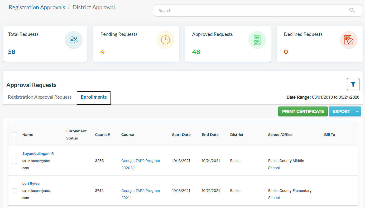approval-screen_enrollment - Ascriptica District Approval enrollments table showing registrant enrollment status